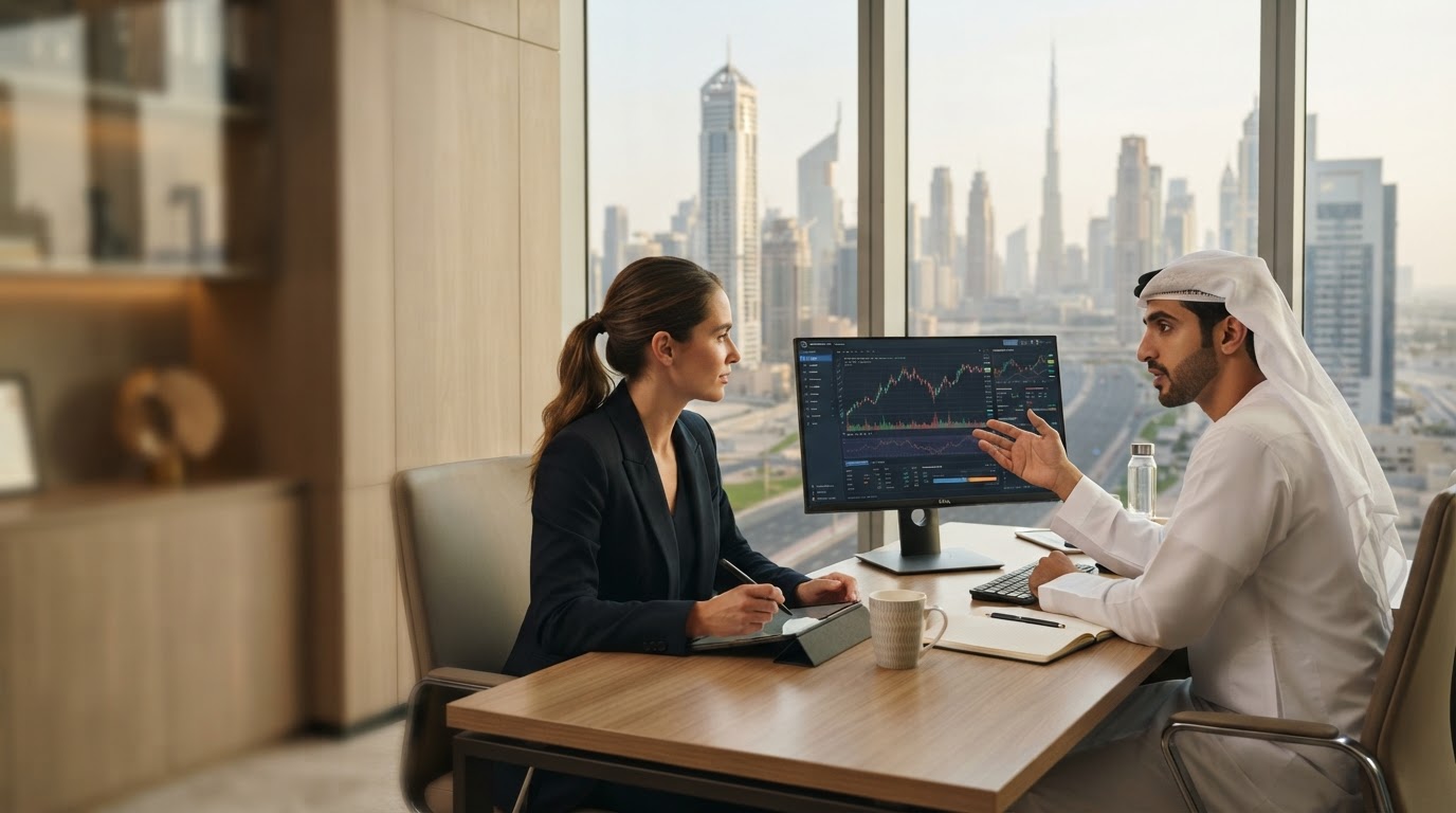 Money Flow Hunter desk setup with a tablet displaying a minimalist data dashboard
